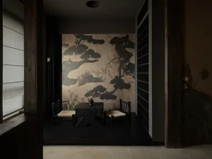 Cozy dining space with Asian-inspired decor, a dining table, chairs, and artwork on the walls, dimly lit for a warm ambiance