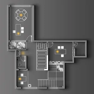 3D rendering of a modern home interior with a staircase, chairs, and a well-designed living environment