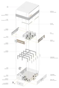 2D floor plan of a modern building with a hallway, rooms, and labeled dimensions and connections