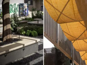 A public space with seating areas, greenery, and a patio with a dining table and chairs, featuring a mix of architectural rendering and photography