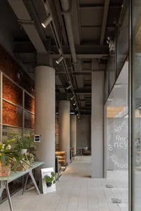 A modern interior design showroom with beige walls, concrete columns, and chairs with potted plants, well-lit by natural or artificial light