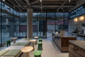 A modern lobby with a large window, chairs, and potted plants, creating a bright and inviting atmosphere