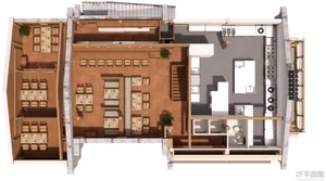 A modern floor plan with a top-down view of a spacious interior featuring a dining area, kitchen, and living room with neutral tones and highlighted lighting