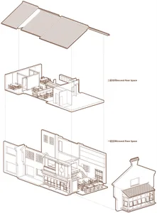 2D floor plan of a modern house with wood and glass features, neutral colors, and natural lighting