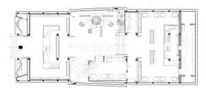 現代客廳空間，設有沙發、椅子、餐桌與盆栽，柔和燈光營造溫馨氛圍