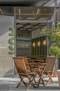 Inviting restaurant interior with brown chairs, hardwood floor, and potted plants, perfect for a meal