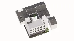 A modern white house with a gray roof and a large window on one side, set against a blank background