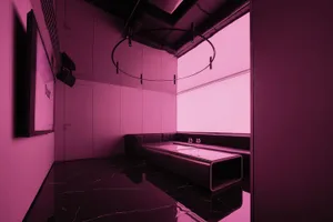 Vibrant pink bathroom with a black countertop, sink, mirror, and bench, creating a luxurious and stylish atmosphere