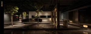 Modern interior design showroom with a black countertop, two trees, and a minimalist atmosphere