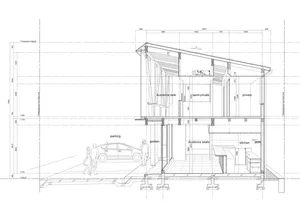 2D floor plan of a modern house with multiple rooms, kitchen, and bedrooms, featuring linework, labels, and measurements