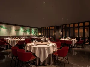 Cozy restaurant interior with dim lighting, tables, chairs, and decorative elements, including potted plants and wine glasses