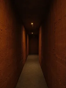 Empty industrial hallway with concrete walls, illuminated by two lights on either side