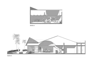 Architectural rendering of a house with two sections, chairs, dining tables, and potted plants throughout the interior space