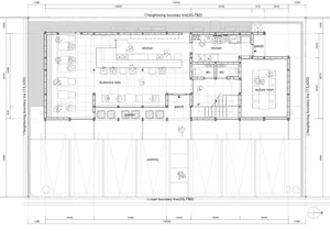 Modern interior design with neutral tones, clean lines, and minimalistic elements, featuring a kitchen, dining room, and living room with natural and artificial lighting