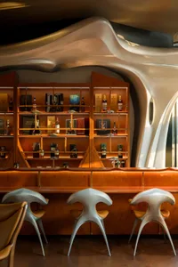 Cozy bar area with wooden walls, a counter, bottles, and books