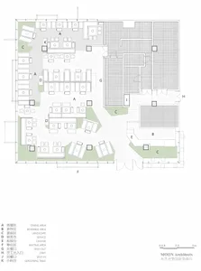 White and green floor plan with multiple rooms, hallways, and a dining area, presented in a clean and modern style