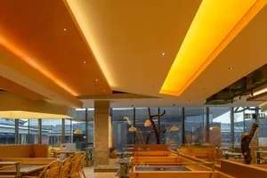 A warm and inviting restaurant dining area with multiple tables and chairs, natural light from windows, and a comfortable atmosphere
