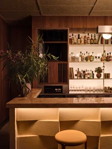 Well-lit bar area with a marble countertop, liquor bottles, wine glasses, cups, bowls, and potted plants