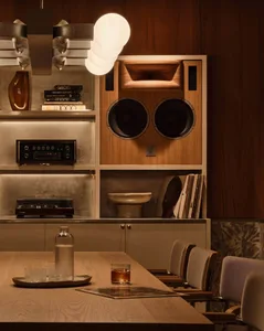 Cozy modern living room with a dining table, chairs, books, and decorative items