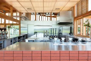 Modern kitchen with stainless steel countertops, appliances, and two sinks, set against a neutral background