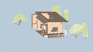 Modern open-plan living space with a dining table, chairs, and comfortable seating areas