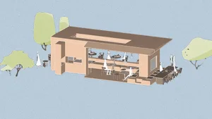 A modern restaurant interior with multiple dining tables and chairs, creating a comfortable atmosphere for patrons