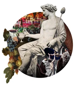 A classical Greek-inspired scene with a statue of a man holding a wine cup and bowl, surrounded by people dancing and celebrating