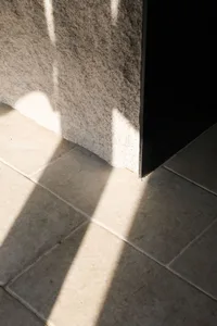 Dimly lit interior space with a stone wall, a doorway, and two distinct shadows on the ground