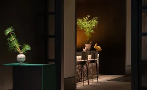 Cozy bar area with stools, potted plants, and a vase, surrounded by inviting atmosphere and greenery