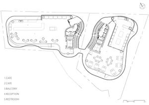 2D floor plan of a modern hotel with curved design, multiple rooms, and hallways, featuring linework, labels, and measurements