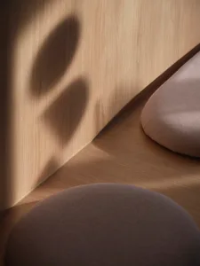 A cozy room with a wooden floor, two cushions, and a warm atmosphere