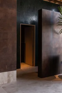Black and brown hallway with two potted plants and a vase, adding decorative elements and greenery
