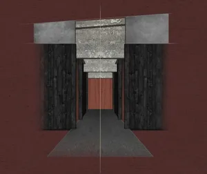 A rendered hallway with a wooden floor and a door at one end, set against a neutral background