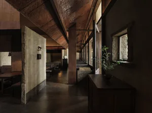 A spacious hotel lobby with wooden floors and walls, featuring a dining table, chairs, and a potted plant, creating an inviting atmosphere for socializing and relaxation