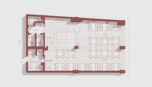 A rendered architectural scene of a warm and inviting space with a red color scheme, featuring chairs and couches for seating, and possibly used for dining or socializing