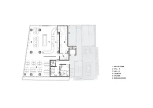 2D floor plan of a modern restaurant with dining and kitchen areas, featuring multiple tables, chairs, and sinks