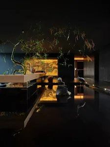 A cozy kitchen with a black countertop, two birds, and decorative vases, set against a warm background
