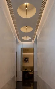 A modern hallway with white walls, a ceiling with round lights, and two potted plants along the hallway