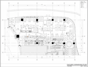 2D floor plan of a modern building interior with various rooms, wood, metal, and concrete materials, and natural light from windows