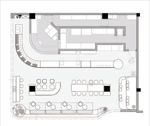 A floor plan of a large interior space with multiple dining tables, chairs, couches, and benches, surrounded by potted plants and featuring a spacious and inviting atmosphere