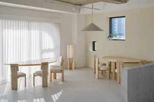 An inviting open concept dining area with a wooden table and chairs, a potted plant, and a warm atmosphere
