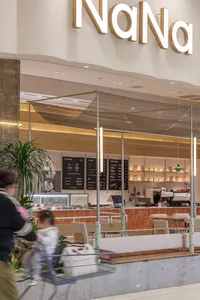 Modern cafe and restaurant interior with wooden floors, white walls, chairs, dining tables, and a potted plant
