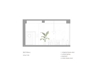 2D floor plan of a modern house with a large window, linework, and labels, featuring a living area, dining area, kitchen, and bedroom