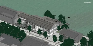 Modern building with a metal roof, solar panels, and a surrounding landscape with trees, with people in the scene
