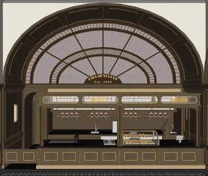 Inviting restaurant interior with a counter featuring various food items, cups, and bottles, creating a welcoming atmosphere