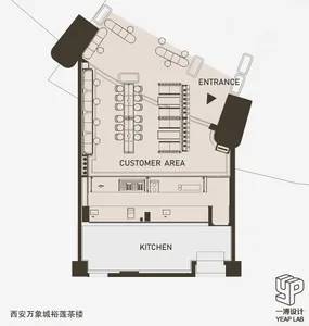 2D floor plan of a commercial space with modern design, clean lines, and minimalistic elements, featuring a customer area, dining area, and kitchen