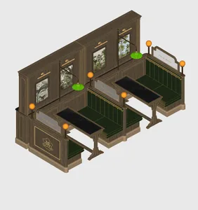 Cozy restaurant interior with wooden benches, potted plants, and oranges, creating a warm and inviting atmosphere