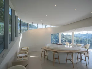 Open modern living area with a white countertop island, multiple chairs, and natural light