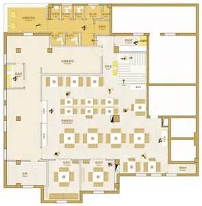 2D floor plan of a modern building with a large hallway and various rooms, featuring white walls and a focus on efficient space use