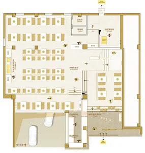 Architectural floor plan of a restaurant with multiple dining areas, well-lit with natural light and linework, labels, and measurements